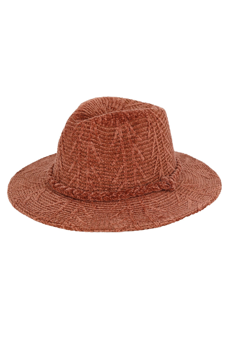 Chenille Pattern Fedora with Braided Band Brown - Pack of 6