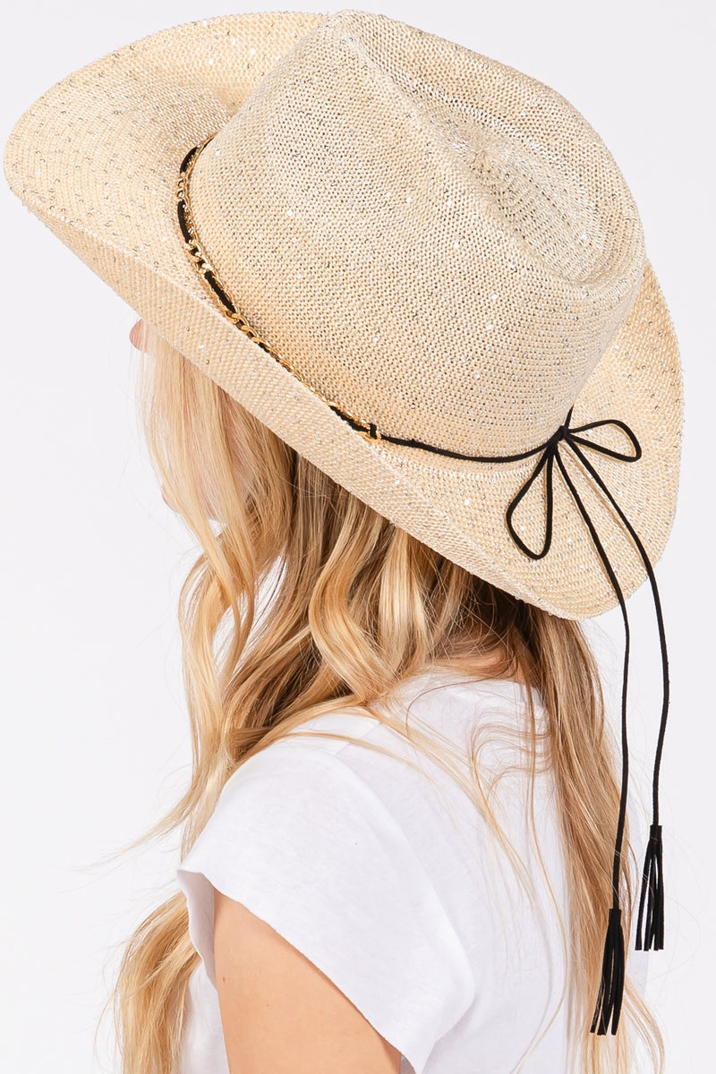 Sequin Cowboy Hat with Metal Chain Suede String Band Beige - Pack of 6