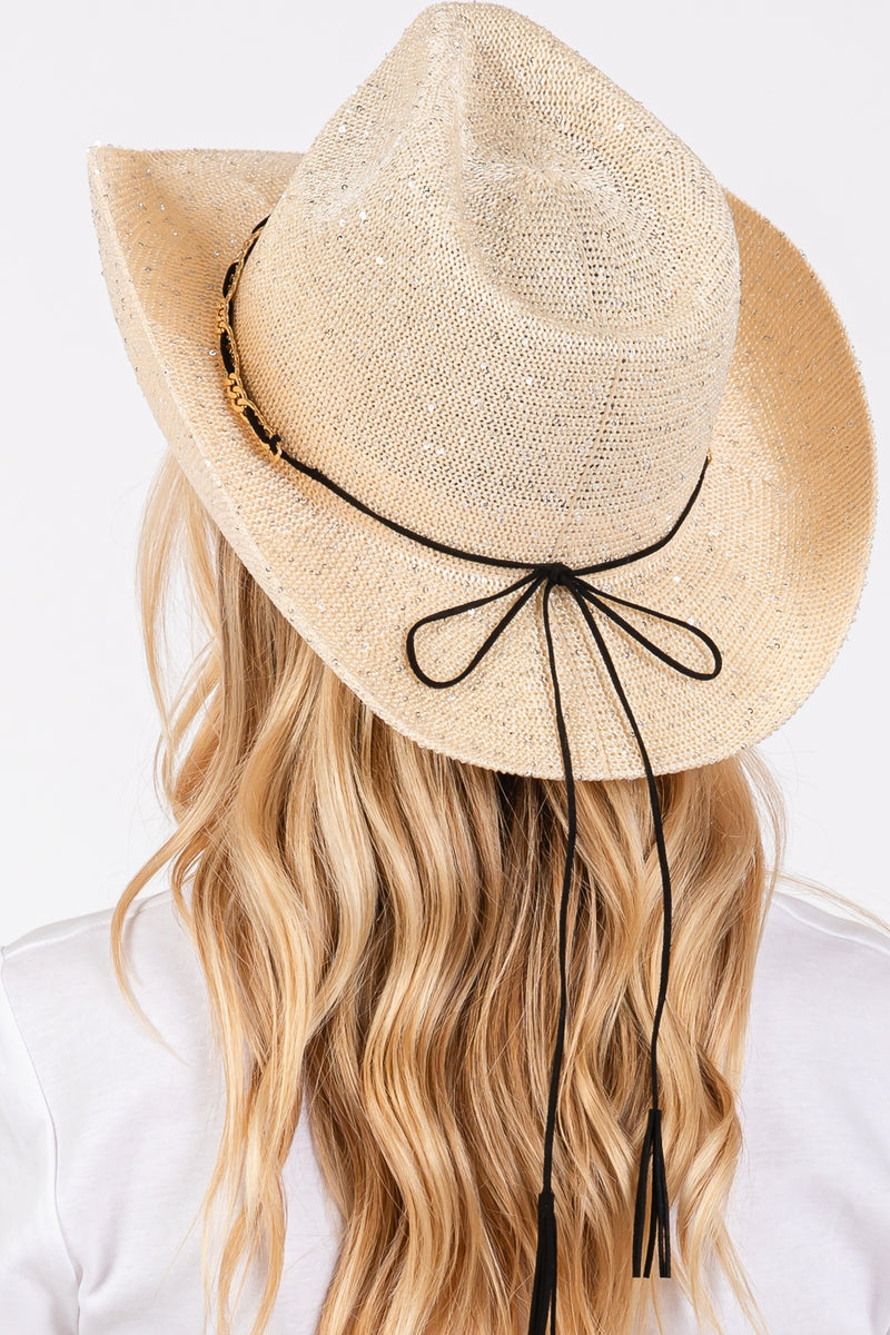 Sequin Cowboy Hat with Metal Chain Suede String Band Beige - Pack of 6