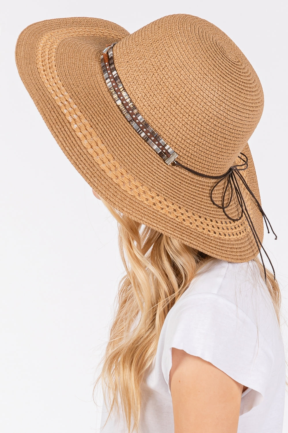 Wide Brim Straw Hat with Evil Eye and Multi Design Band Taupe - Pack of 6