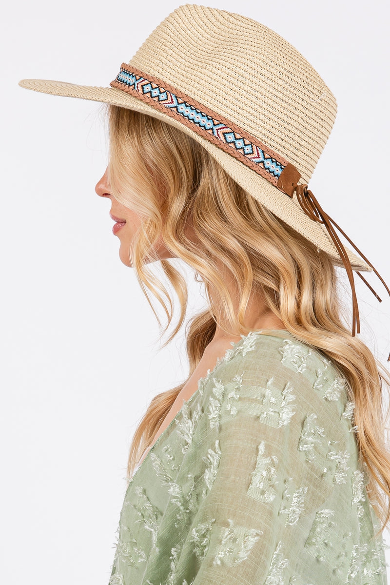 Woven Boho Band Straw Sun Hat Beige - Pack of 6
