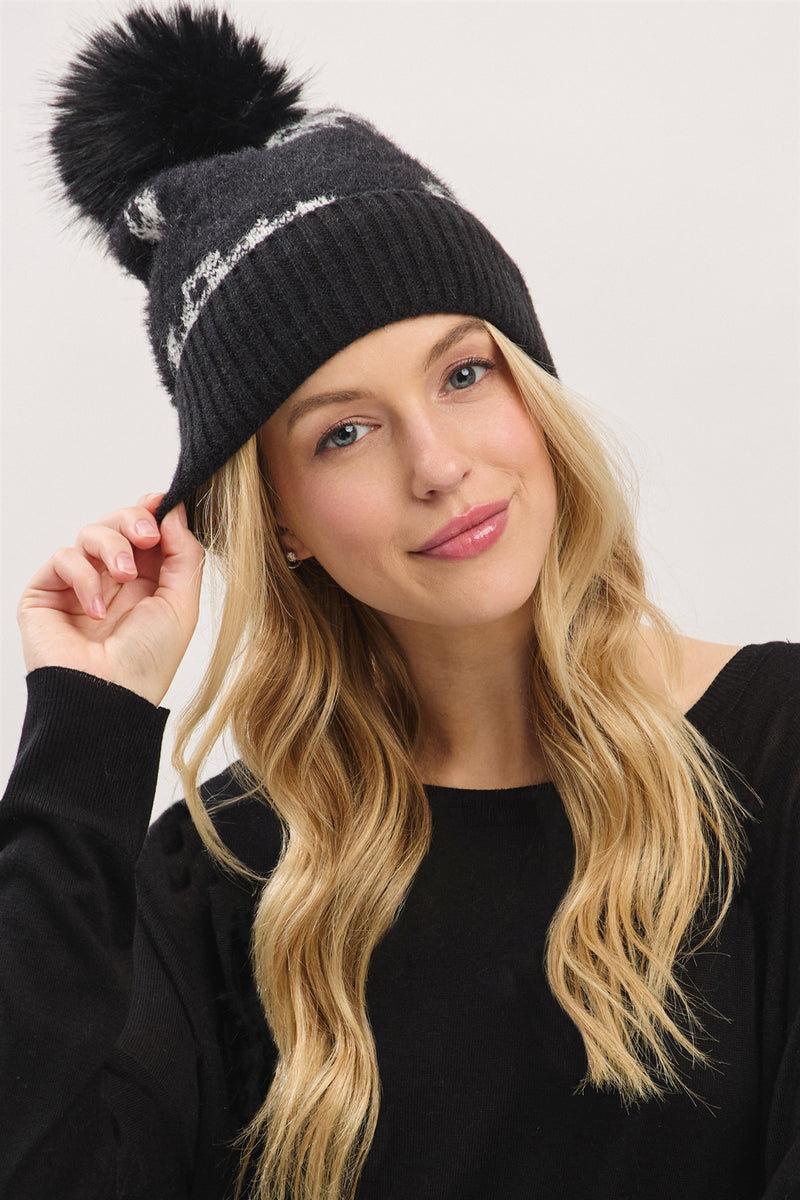 Plaid Pattern Fur Mixed Fleeced Pom Pom Beanie Black - Pack of 6