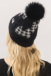 Plaid Pattern Fur Mixed Fleeced Pom Pom Beanie Black - Pack of 6