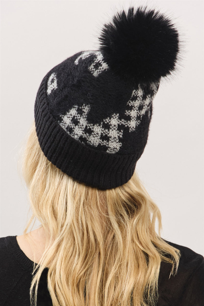 Plaid Pattern Fur Mixed Fleeced Pom Pom Beanie Black - Pack of 6