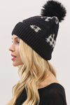 Plaid Pattern Fur Mixed Fleeced Pom Pom Beanie Black - Pack of 6