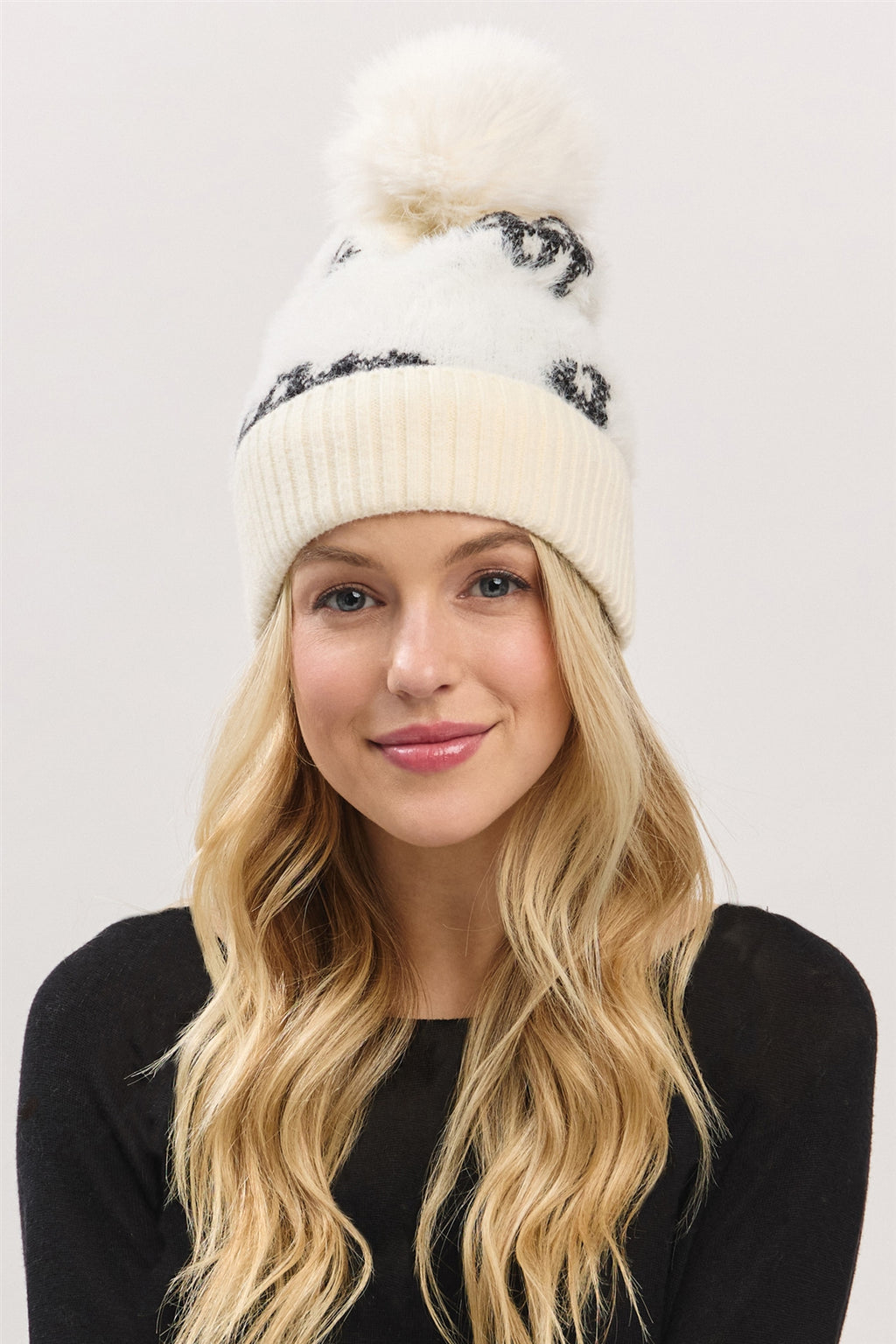 Plaid Pattern Fur Mixed Fleeced Pom Pom Beanie Ivory - Pack of 6