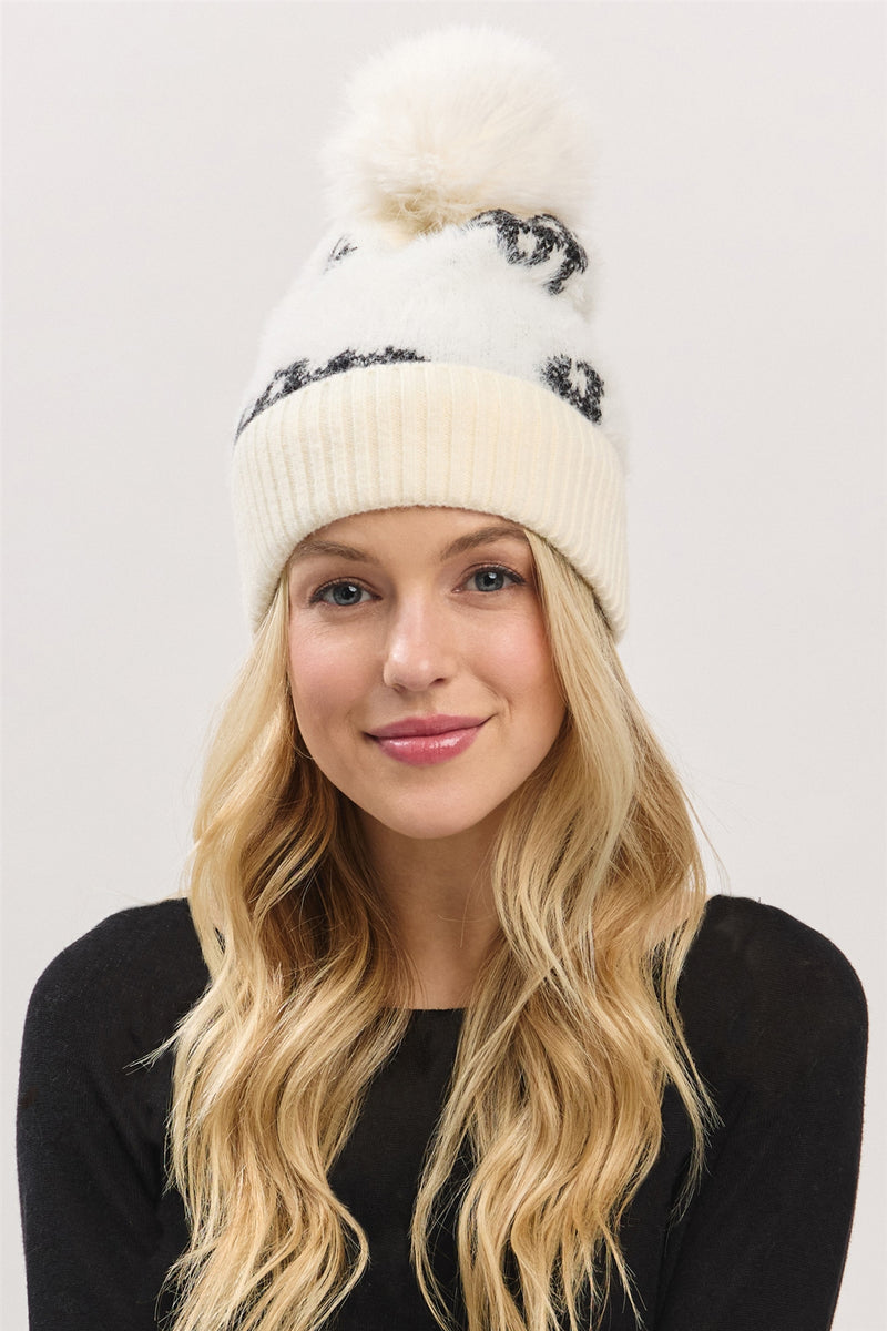 Plaid Pattern Fur Mixed Fleeced Pom Pom Beanie Ivory - Pack of 6
