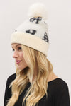 Plaid Pattern Fur Mixed Fleeced Pom Pom Beanie Ivory - Pack of 6
