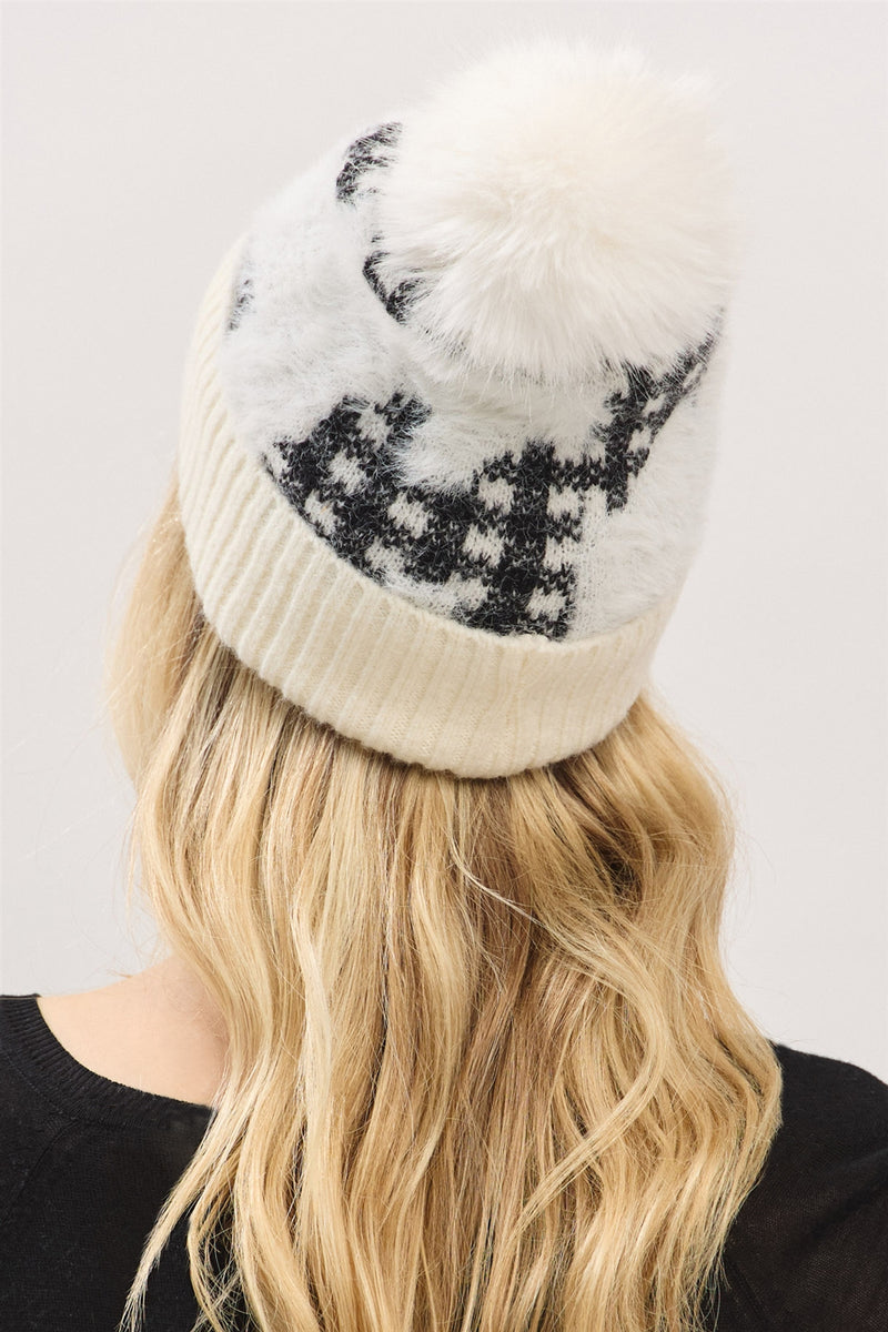 Plaid Pattern Fur Mixed Fleeced Pom Pom Beanie Ivory - Pack of 6