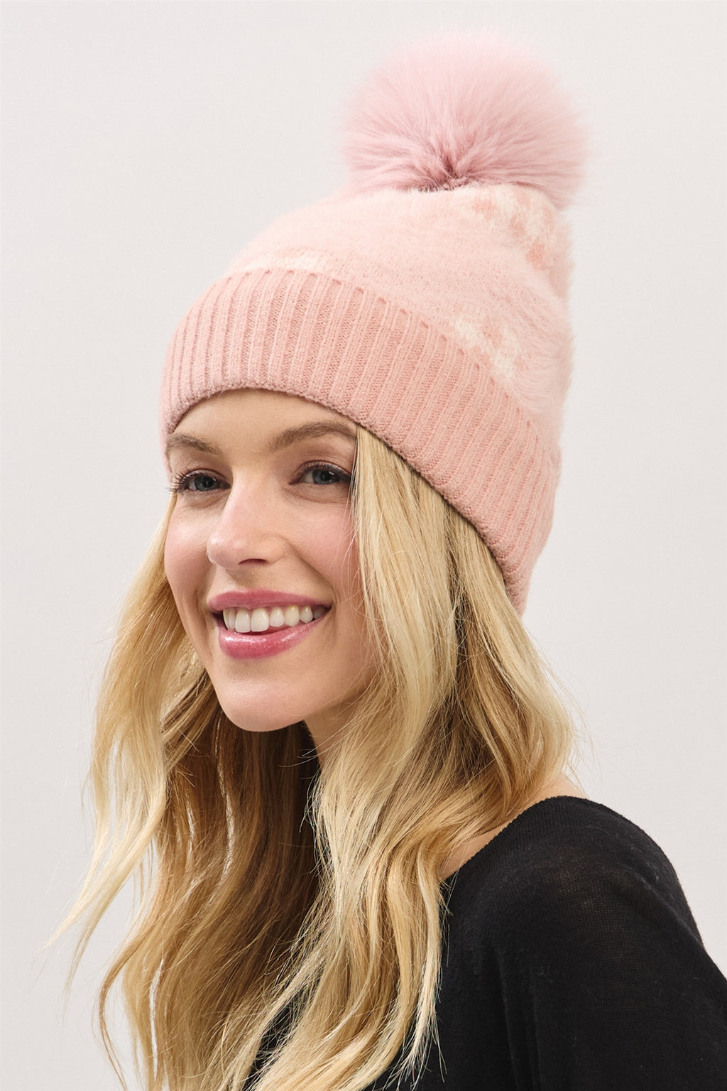 Plaid Pattern Fur Mixed Fleeced Pom Pom Beanie Pink - Pack of 6