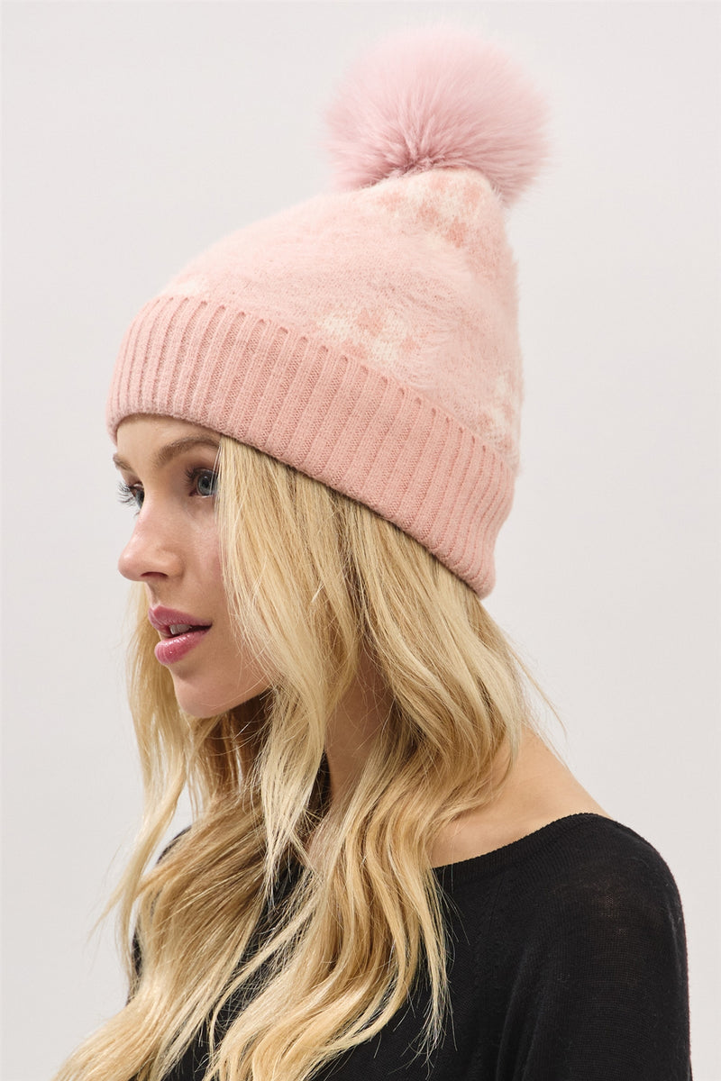 Plaid Pattern Fur Mixed Fleeced Pom Pom Beanie Pink - Pack of 6