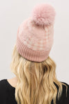 Plaid Pattern Fur Mixed Fleeced Pom Pom Beanie Pink - Pack of 6