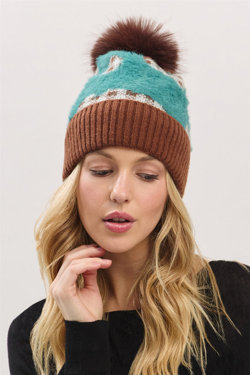 Plaid Pattern Fur Mixed Fleeced Pom Pom Beanie Teal - Pack of 6