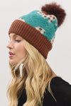 Plaid Pattern Fur Mixed Fleeced Pom Pom Beanie Teal - Pack of 6
