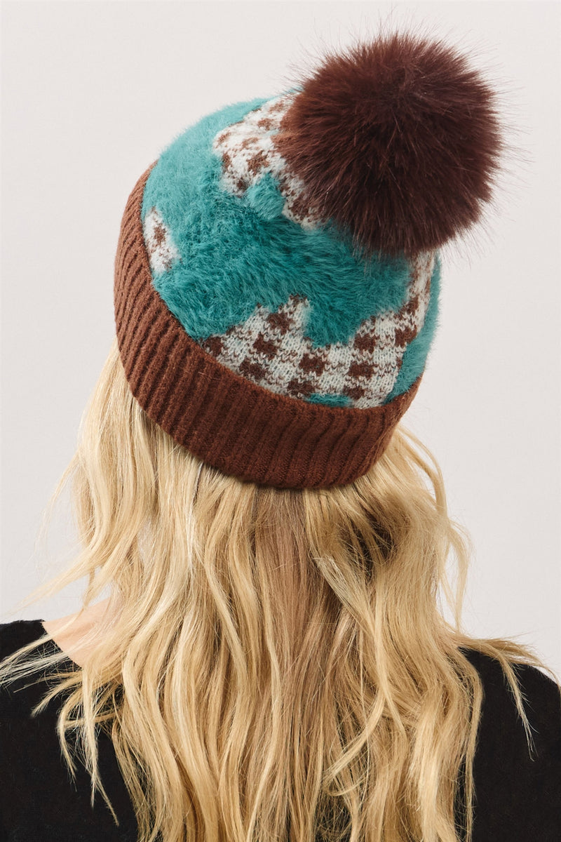 Plaid Pattern Fur Mixed Fleeced Pom Pom Beanie Teal - Pack of 6