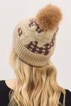 Plaid Pattern Fur Mixed Fleeced Pom Pom Beanie Taupe - Pack of 6