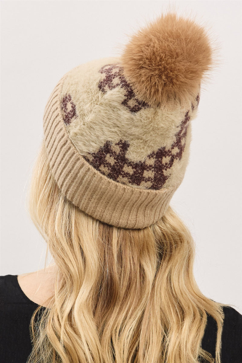 Plaid Pattern Fur Mixed Fleeced Pom Pom Beanie Taupe - Pack of 6