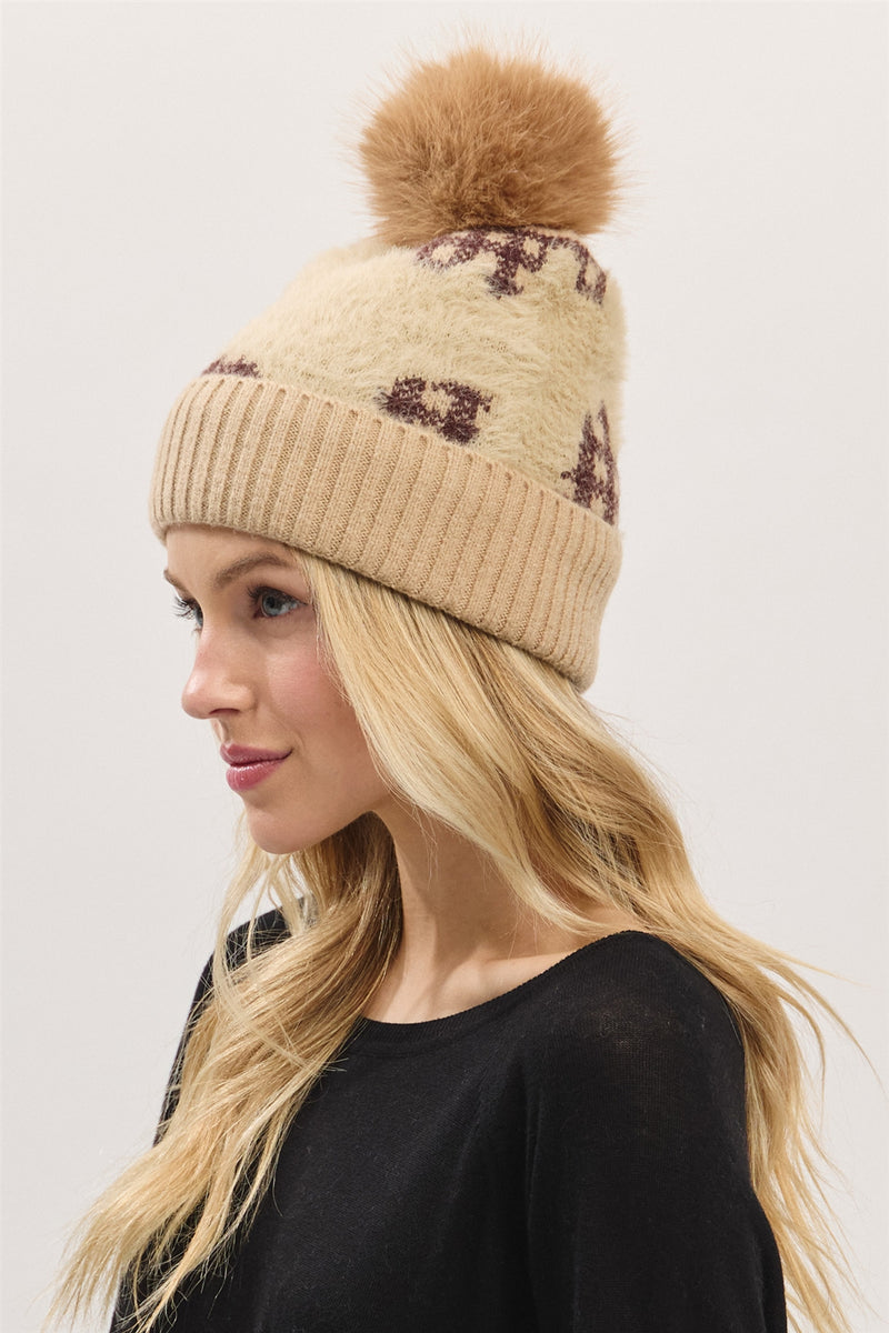 Plaid Pattern Fur Mixed Fleeced Pom Pom Beanie Taupe - Pack of 6