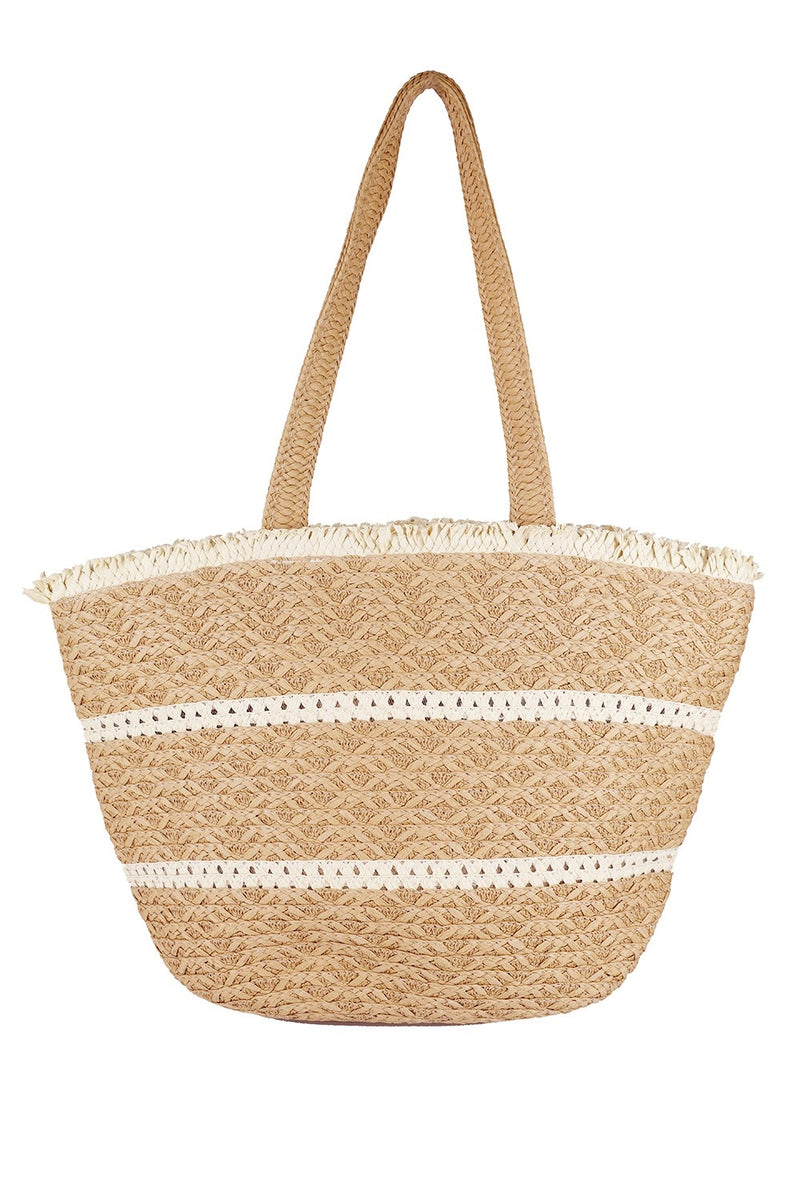 Stripe Detail Frayed Straw Bag with Zipper Closure, Inner Pocket Taupe - Pack of 6