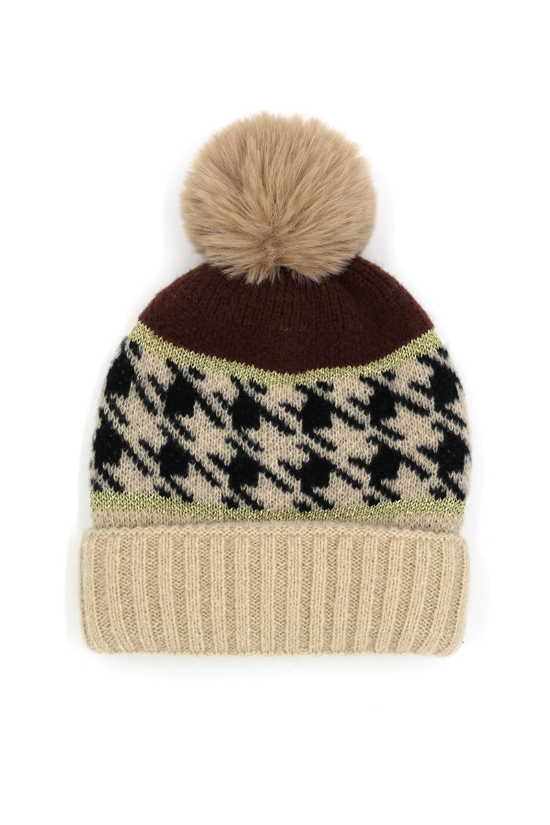 Houndstooth Beanie with Pom Pom Taupe - Pack of 6