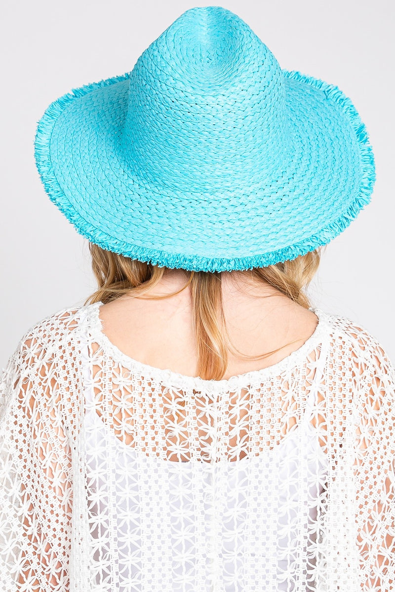 Frayed Solid Straw Sun Hat Turquoise - Pack of 6