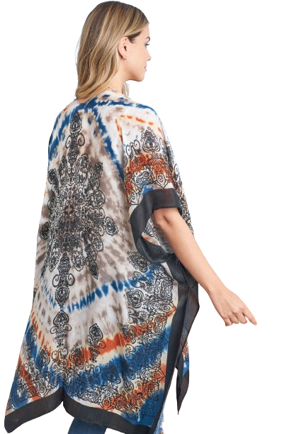 Tie Dye Boho Open Front Kimono Navy/Clay - Pack of 6