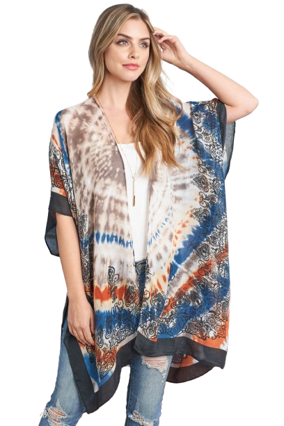 Tie Dye Boho Open Front Kimono Navy/Clay - Pack of 6