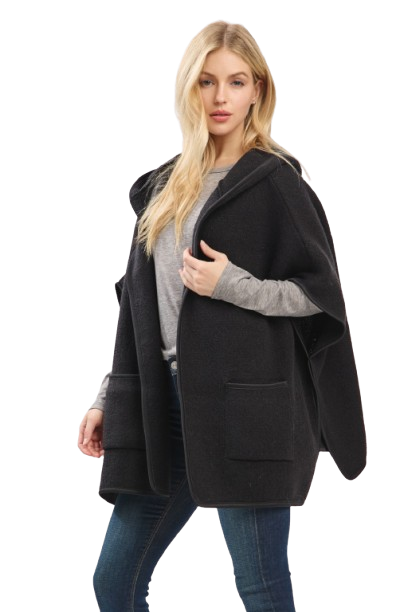 Hooded Poncho with Trim and Front Pockets Black - Pack of 6