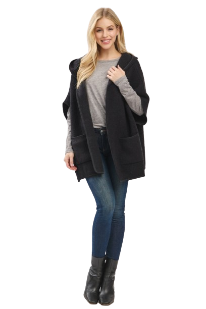 Hooded Poncho with Trim and Front Pockets Black - Pack of 6