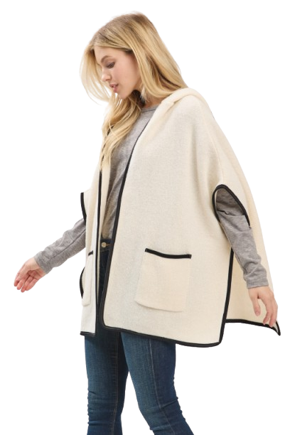 Hooded Poncho with Trim and Front Pockets Ivory - Pack of 6