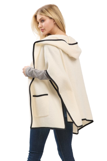 Hooded Poncho with Trim and Front Pockets Ivory - Pack of 6
