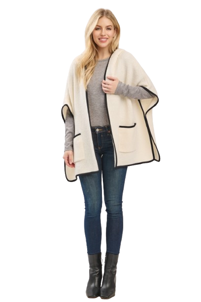 Hooded Poncho with Trim and Front Pockets Ivory - Pack of 6