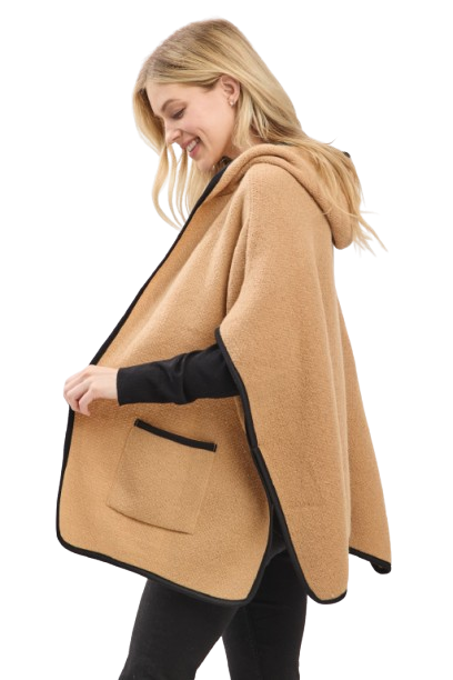 Hooded Poncho with Trim and Front Pockets Taupe - Pack of 6