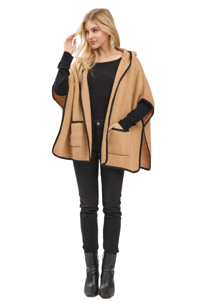 Hooded Poncho with Trim and Front Pockets Taupe - Pack of 6