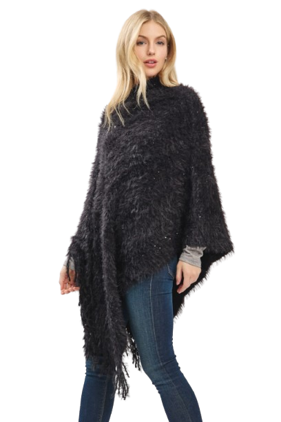 Lightweight Fuzzy Sequin Poncho with Fringe Black - Pack of 6