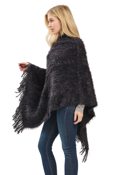 Lightweight Fuzzy Sequin Poncho with Fringe Black - Pack of 6