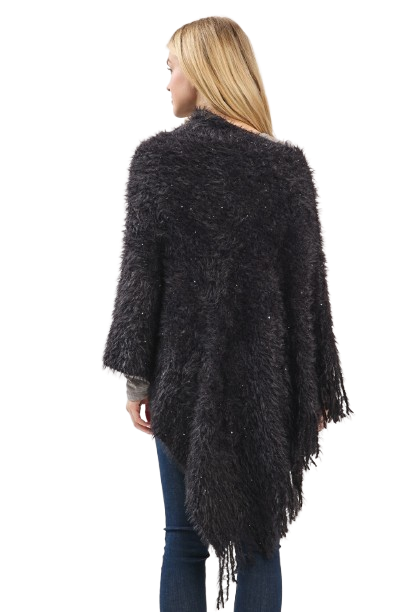 Lightweight Fuzzy Sequin Poncho with Fringe Black - Pack of 6