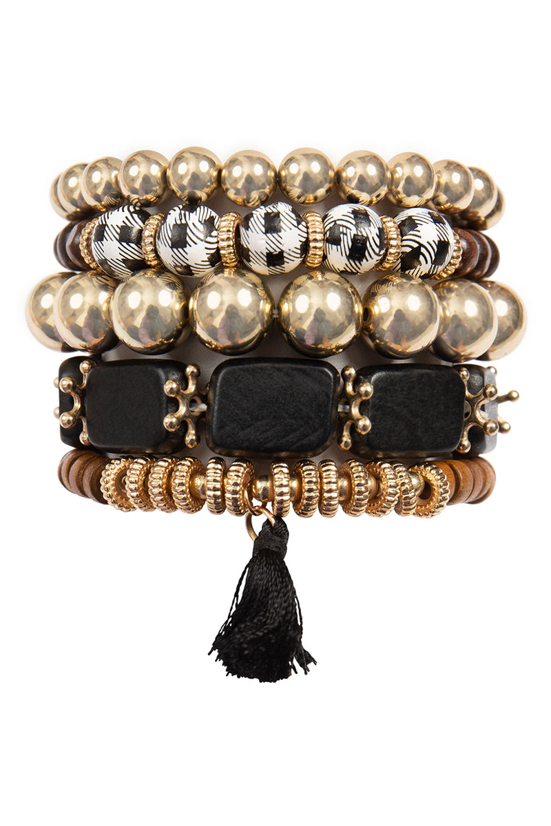 Check Pattern Wood Square Bead, Tassel Pendant, Charm, Versatile Bracelet Set Black - Pack of 6