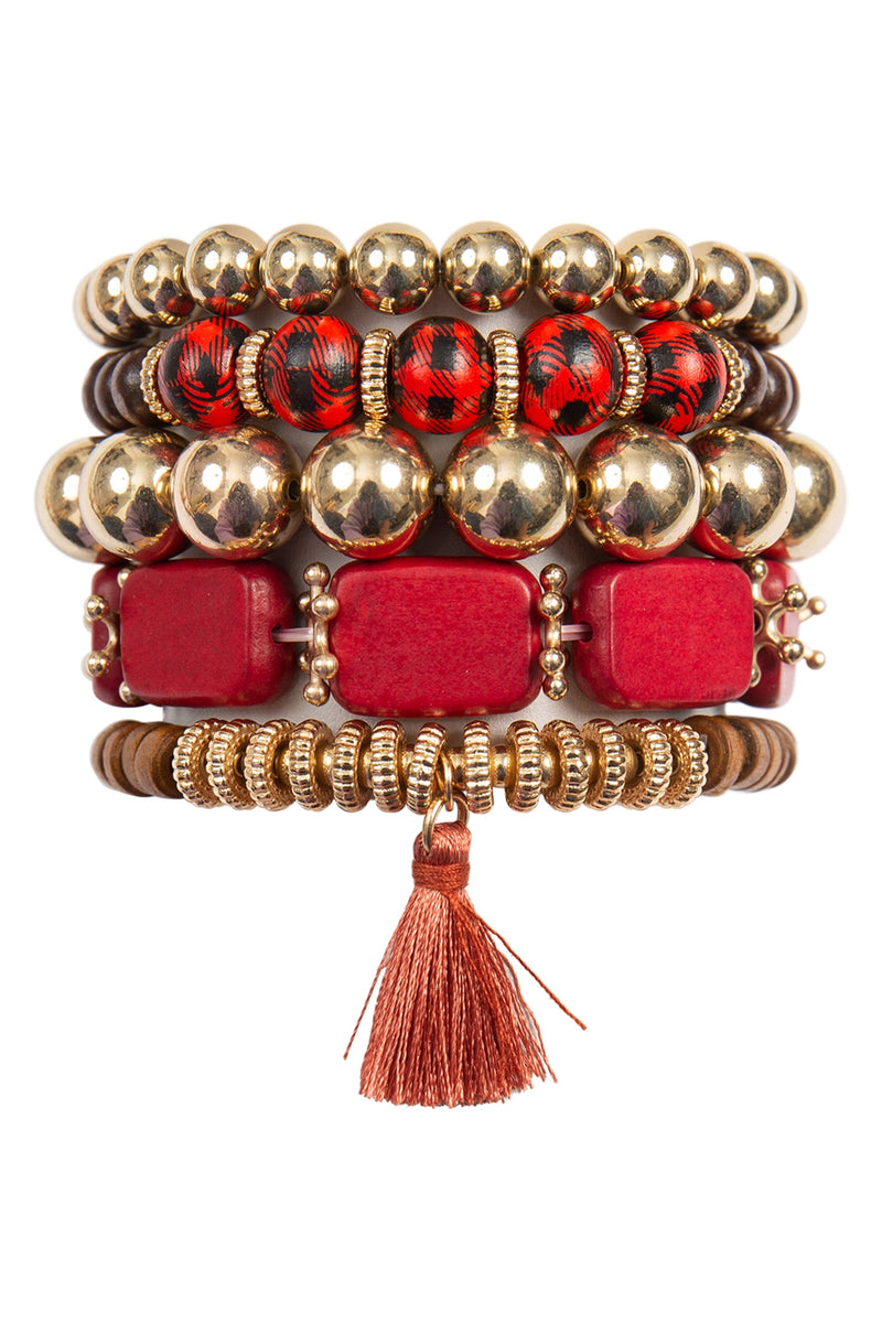 Check Pattern Wood Square Bead, Tassel Pendant, Charm, Versatile Bracelet Set Red - Pack of 6