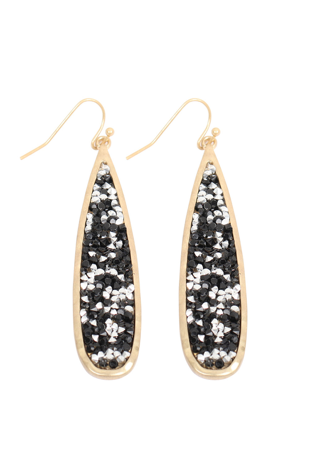Matte Gold Black  Long Pear Glitter Faceted Dangle Hook Earrings - Pack of 6