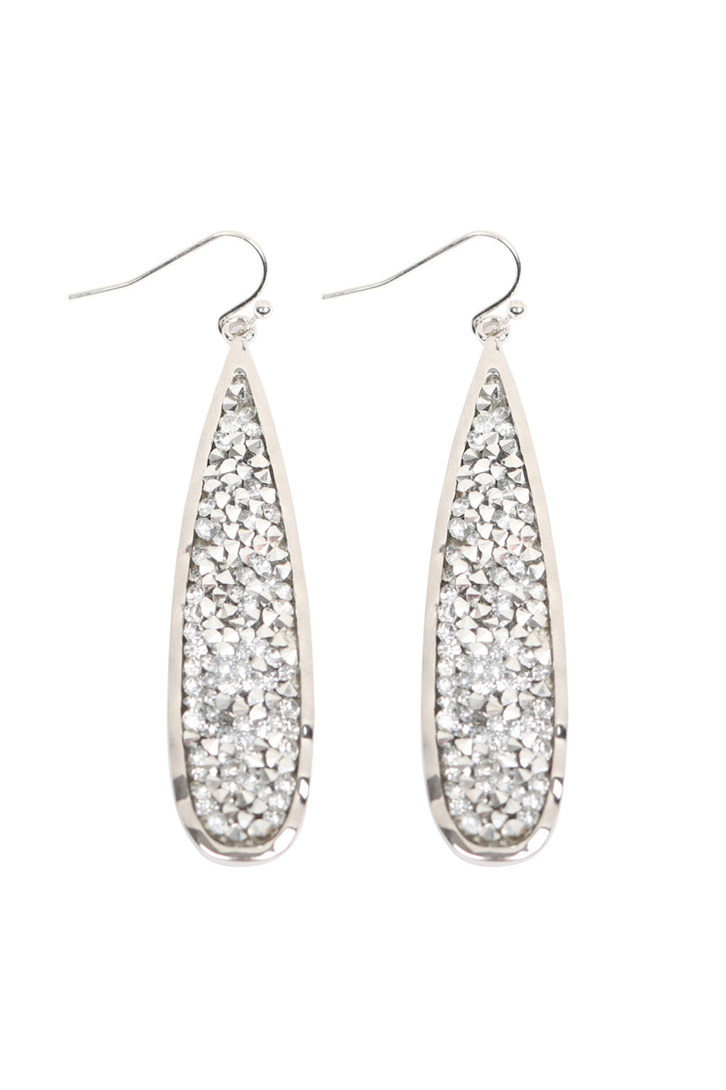 Silver  Long Pear Glitter Faceted Dangle Hook Earrings - Pack of 6