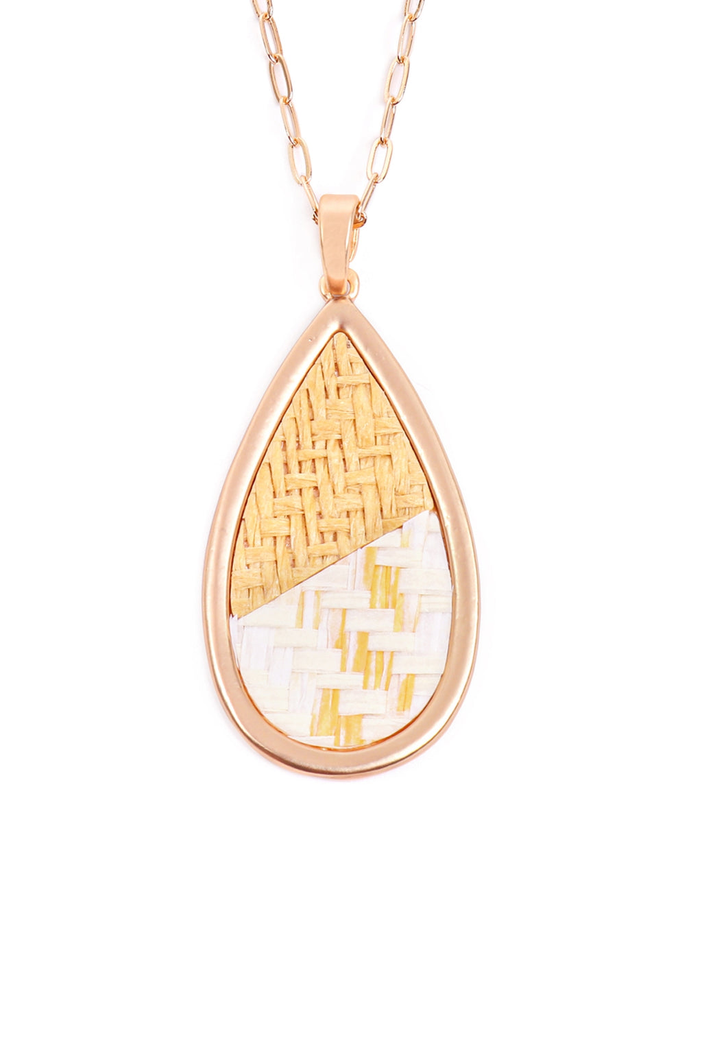 Teardrop Shape Rattan Pendant Necklace Matte Gold White - Pack of 6