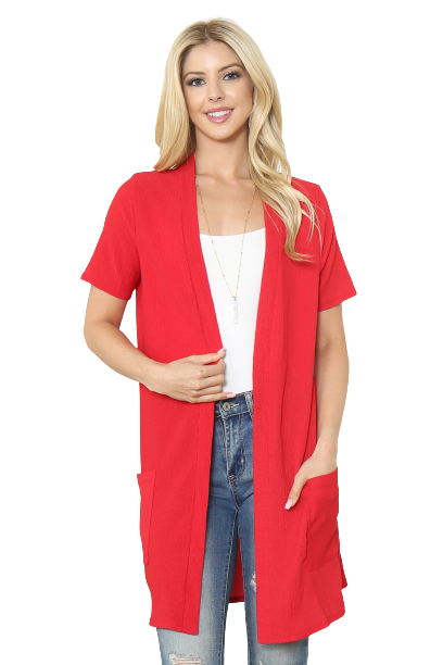 Crinkled Short Sleeve Pocket Cardigan Red - Pack of 7