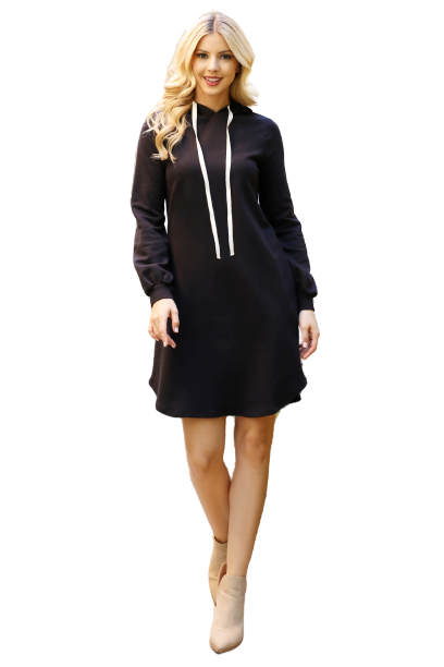 Solid Long Sleeve Hoodie Dress with Drawstring Black  - Pack of 6