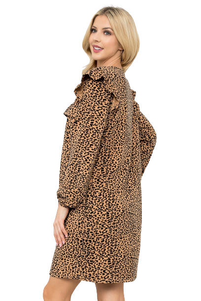 Shirring Ruffle Detail Long Sleeve Animal Printed Dress Leopard - Pack of 6