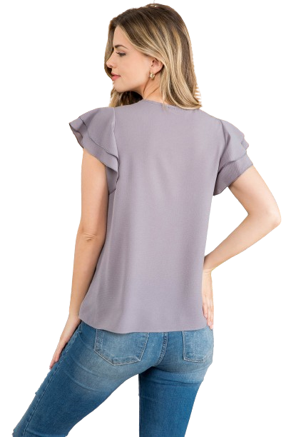 Layered Ruffle Sleeve Round Neck Woven Top Grey - Pack of 7
