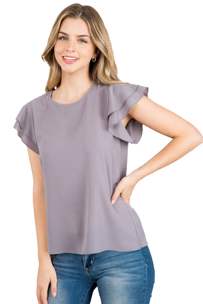 Layered Ruffle Sleeve Round Neck Woven Top Grey - Pack of 7
