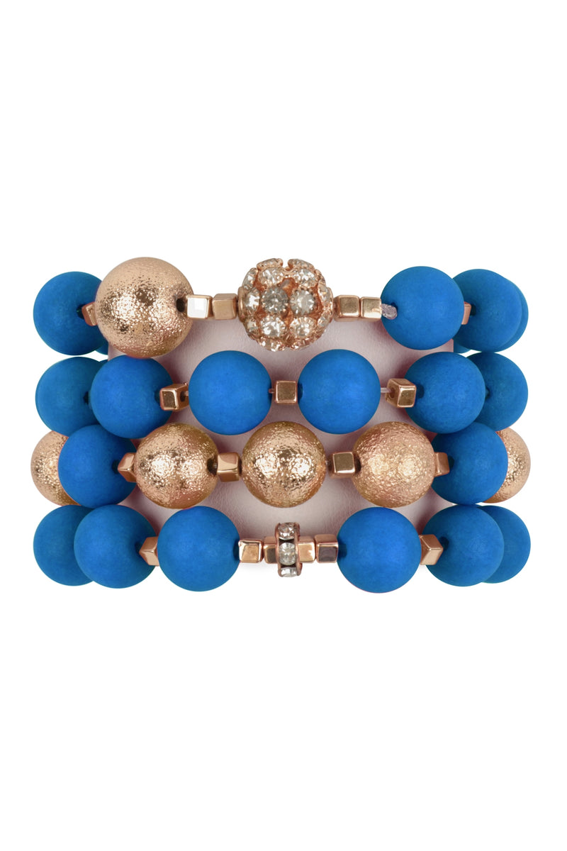 Stackable Wood, Textured CCB and Rhinestone Charm Matte Bracelet Blue - Pack of 6