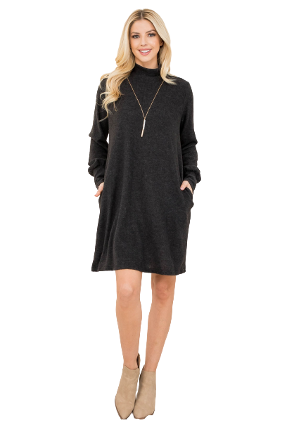 Charcoal Long Sleeve Mock Neck Pocket Dress - Pack of 6