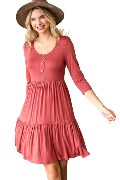 Wholesale Marsala Round Neck Button Front Tiered Dress - Pack of 6 for Sale